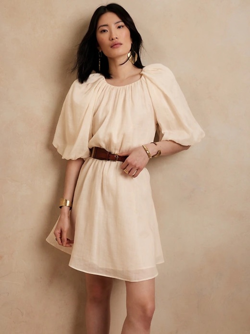 Banana Republic Cream Puff-Sleeve Mini Dress with open back 100% Cotton